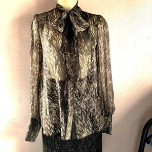 Dolce&Gabbana Blouse Shirt Top Neckline Bow~Fur Print Silk Chiffon~Brown M-L NEW